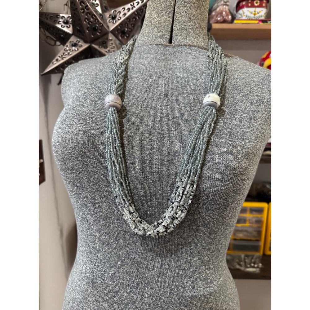 Gray Multi Strand Beaded Necklace Boho Statement Necklace Glass Bead Layered